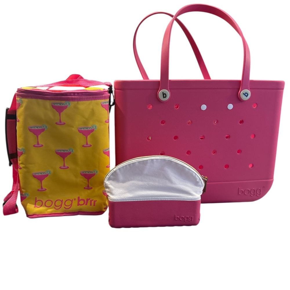 BOGG BAG  Lg Tote Bag Pink W/ White Buttons, Cooler,  2 Clear Inserts, Acces Bag